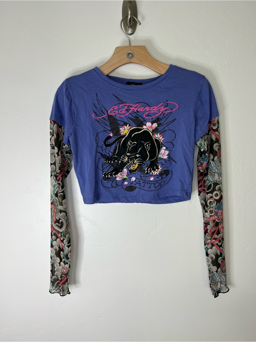 Ed Hardy Swallow 2fer Midnight Long Sleeve Crop T-Shirt